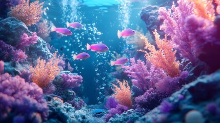 Vibrant underwater scene with colorful coral and fish in a serene ocean setting.
