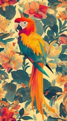 Obraz premium Vintage maximalist wallpaper with parrot illustration vibrant bird.