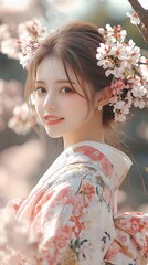 桜の木の下で微笑む美しい女性 Beautiful Woman Smiling Under Cherry Blossom Tree