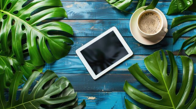 Black frame on blue wooden table with coffee cup and green leaves