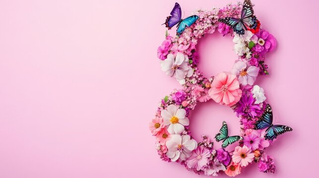 International Women's Day 8 of march. Banner, flyer, beautiful postcard for March 8. Flowers and butterflies in the shape of the number eight on a pink background