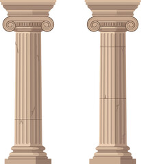Obraz premium Two detailed classical columns showcasing intricate designs in a flat style, representing ancient architecture and historical significance in vector art