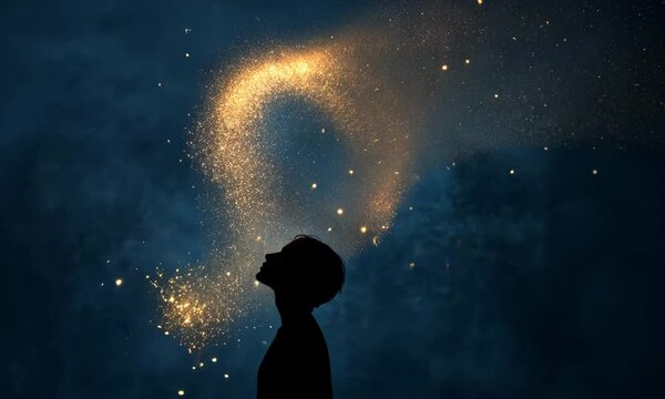 The image presents a silhouette of a person gazing upward, with glowing sparks swirling around, symbolizing imagination, dreams, and the magic of human potential.