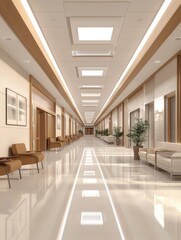 Spacious and clean waiting room with white floor tiles, long ceiling lights, and empty benches
