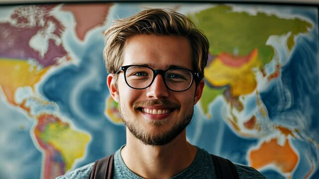 Young man smiles in front of a colorful map while showcasing a passion for geography and travel in a classroom setting