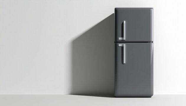 Realistic Gray Refrigerator With Shadow On White Background: A Lifelike Depiction Of A Gray Refrigerator Casting A Shadow Against A White Backdrop.