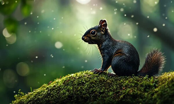 This delightful image captures a squirrel perched on a moss-covered log, surrounded by soft natural light, embodying the beauty of wildlife in its natural habitat.