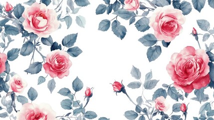 Elegant watercolor roses and leaves pattern with pink blooms on white background