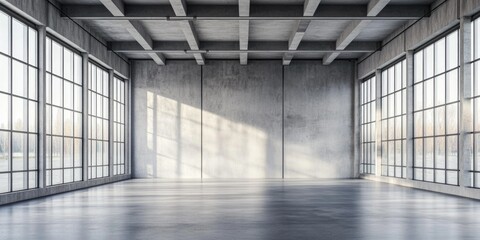 Large, empty concrete warehouse space with tall, square windows and a high ceiling.