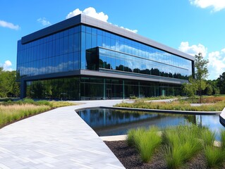 Obraz premium corporate building reflecting blue sky symbol of corporate success clean aesthetics 