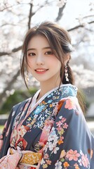 桜の木の下で微笑む美しい女性 Beautiful Woman Smiling Under Cherry Blossom Tree