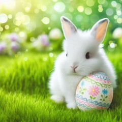 Obraz premium Charming white bunny holds a vibrant, flower-decorated Easter egg on a lush green meadow, with a soft focus on colorful flowers in warm light. Perfect for capturing the essence of Easter celebrations