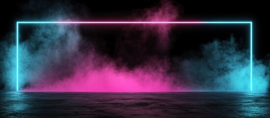 Neon rectangle frame with pink and blue smoke abstract background