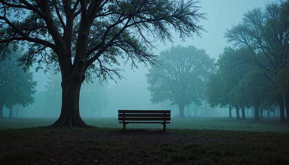 Mysterious bench in foggy park, serene solitude