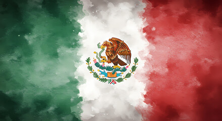 Watercolor Mexican flag wit artistic background.