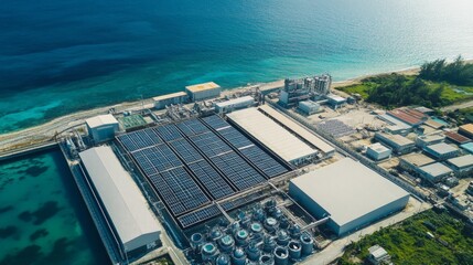Fototapeta premium Aerial View of Solar Power Plant near Ocean with Water Treatment Facilities