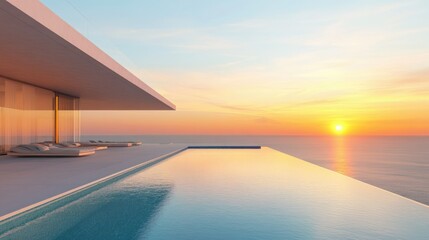 Fototapeta premium Modern architectural house with a stunning view of the ocean at sunset, set against a beautiful beach backdrop.