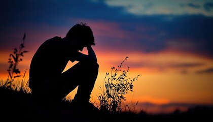 Depressed Boy Silhouetted Mourning The Loss Of His Love - A Poignant Image Of Sadness And Heartbreak Captured In Shadowy Profile