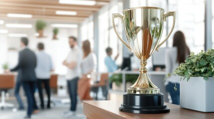 Corporate Achievement Trophy Celebration in Modern Office Workspace: Recognizing Teamwork and Success