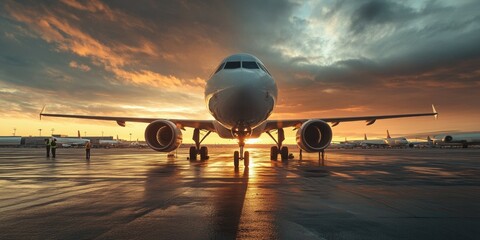 Airliner at airport during sunset