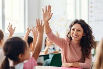 Latin teacher giving high-five to her student classroom school adult.