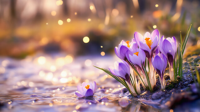 Spring flowers crocus by crystal clear water, fresh springtime growth, vibrant flower pelats colors, seasonal change in nature. For springtime backgrounds, floral themed and new beginning content .
