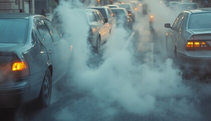 Smoke Rising From Cars On The Road During A Traffic Jam. This Phenomenon Can Often Be Seen In Congested Areas.