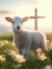 Fototapeta premium Inspirational pastoral image with lamb, cross, and wildflowers.