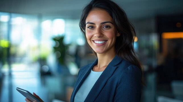 A confident, professional woman radiates joy and warmth in a business setting.