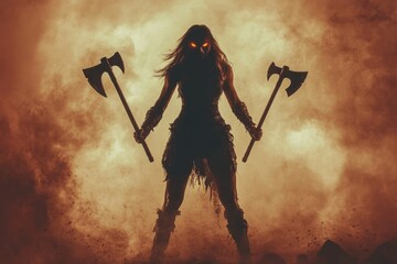 Bold Woman Viking Silhouette: Fierce and Muscular with Dual Axes in a Defiant Stance