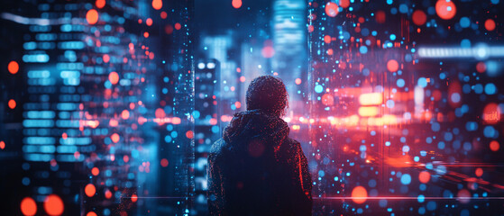 A lone figure stands in a futuristic cyberpunk city surrounded by neon lights and floating digital particles creating a high-tech atmosphere
