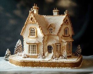 Fototapeta premium Charming White Gingerbread House with Colorful Candy Decor for Festive Celebrations