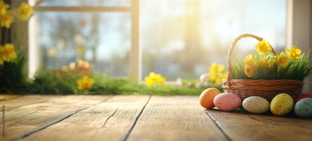 Poster easter background with a wooden table, eggs in a basket, and daffodils on the floor. the window is b