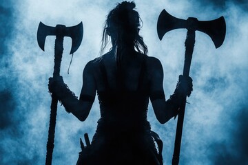 Defiant Viking Warrior: Silhouette of a Muscular Woman with Twin Axes and Glowing Eyes in a Bold Stance