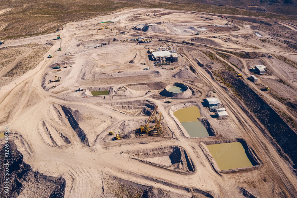 Poster Perspective view of lithium mining operations in arid landscape. Generative AI
