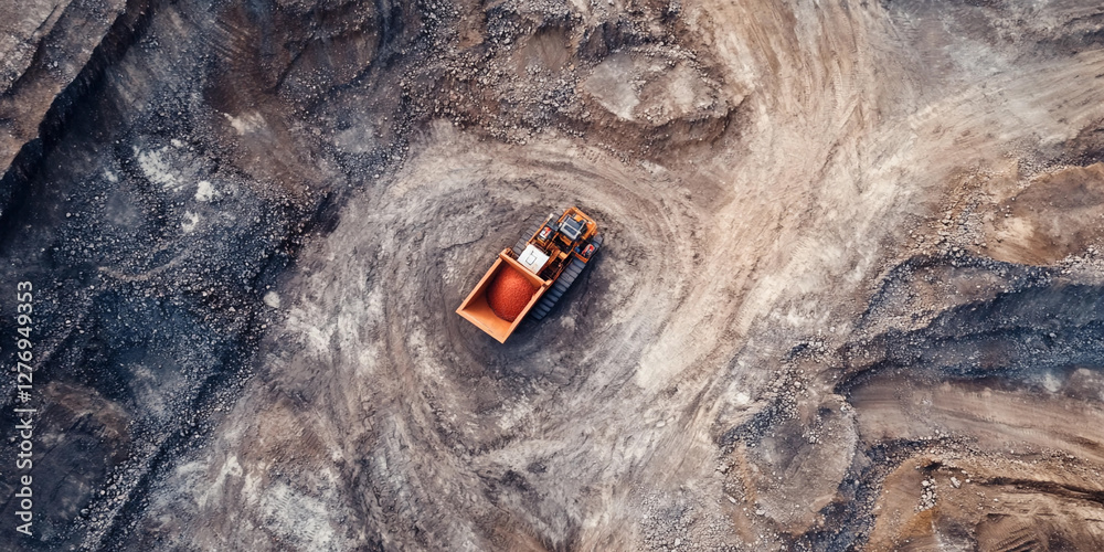 Poster mining excavation site viewed from above with heavy machinery. generative ai