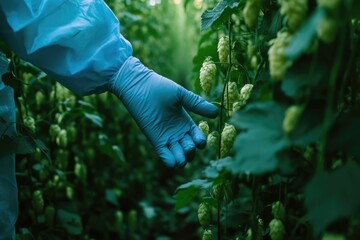 Farmers Inspecting Hops: Close-Up of Hop Cone in Gloved Hand Amidst Lush Hops Yard