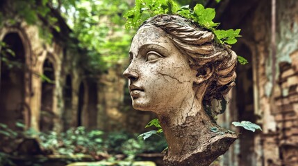 Obraz premium Amidst lush greenery, a weathered bust emerges, adorned with vines, symbolizing the harmony between human artistry and the relentless power of nature's reclamation.