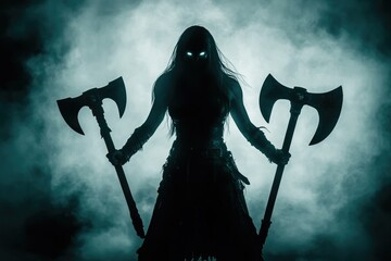 Fierce Viking Woman Silhouette: Muscular Guardian with Dual Axes and Glowing Eyes in a Bold Stance