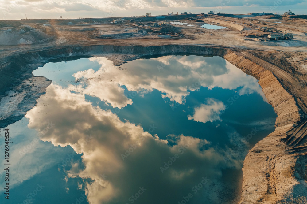 Poster Aerial view of mining ponds reflecting clouds and landscape. Generative AI