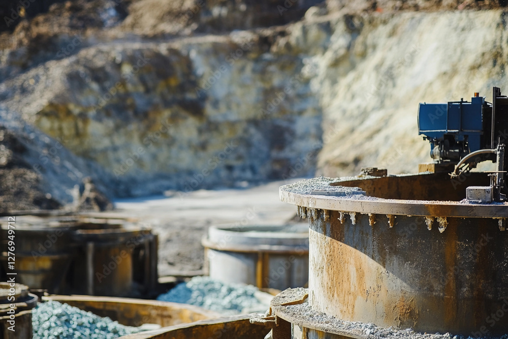 Poster Close-up view of lithium extraction equipment at a mining site. Generative AI