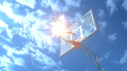 Basketball hoop against a vibrant blue sky with sunshine bursting through