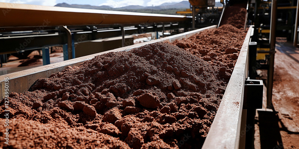 Poster processing raw lithium ore on a conveyor belt in a facility. generative ai