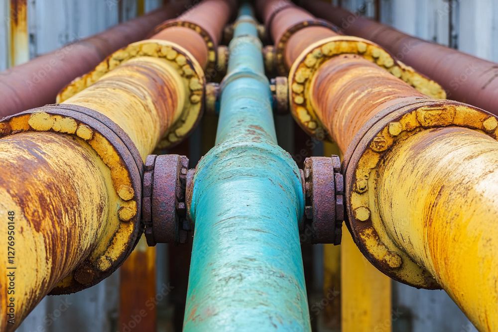 Poster colorful old gas pipes with rust in urban setting. generative ai