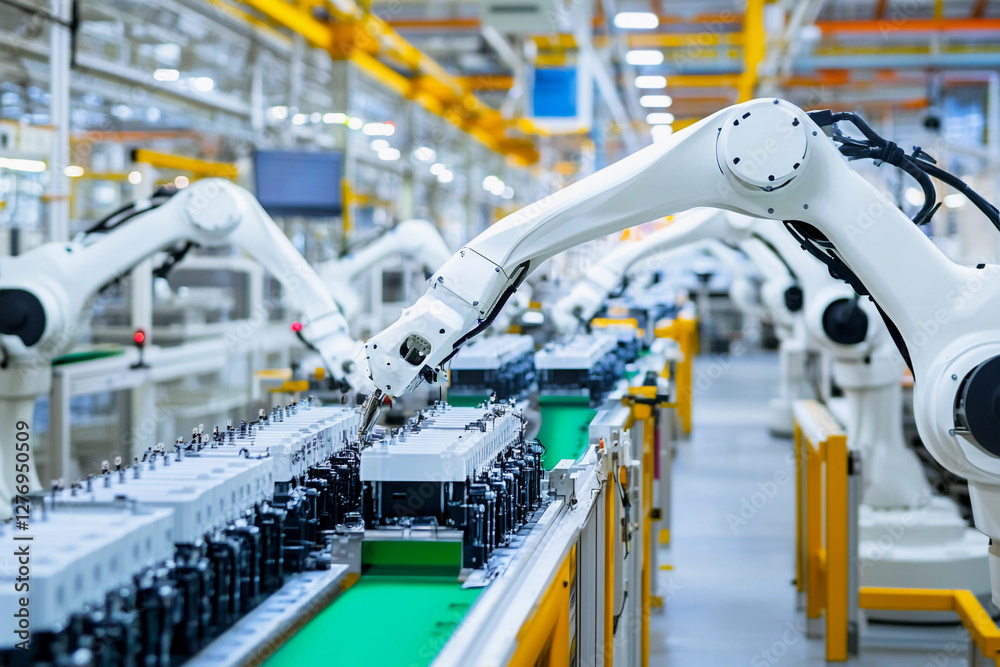 Poster Industrial robotic arms assembling lithium-ion batteries efficiently. Generative AI