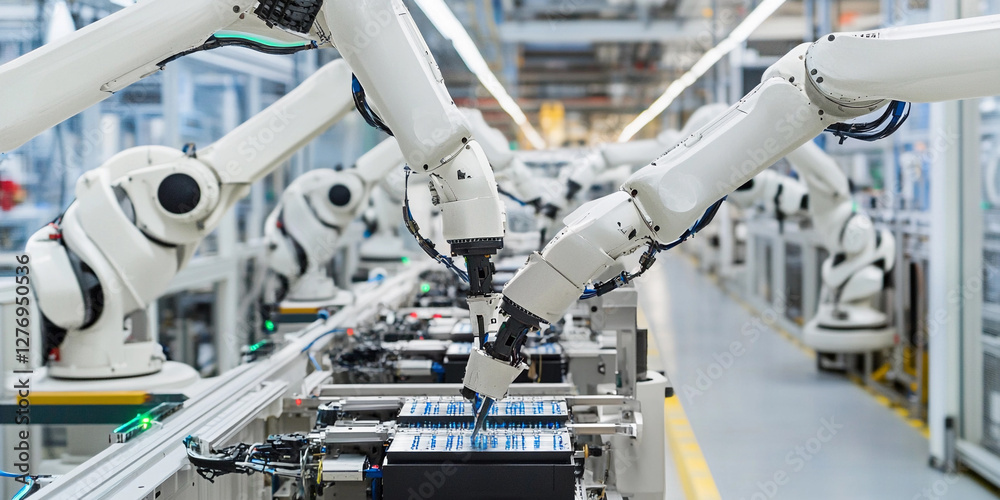 Poster industrial robotic arms assembly line for lithium-ion batteries. generative ai