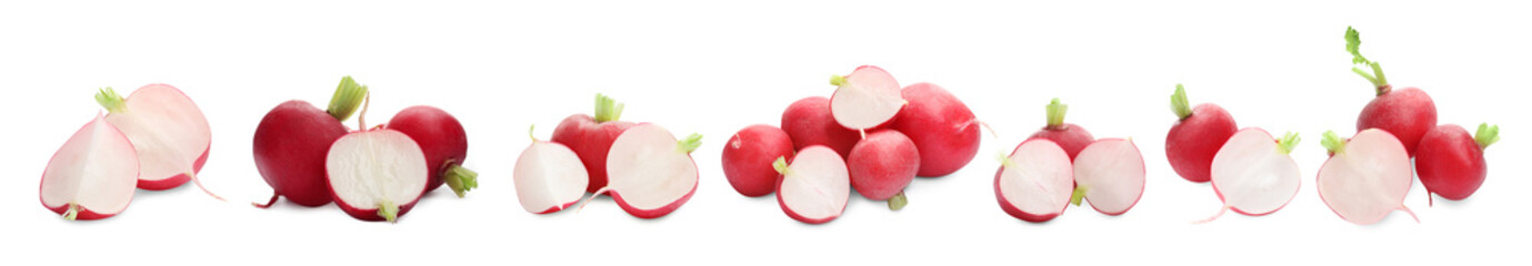 Whole and sliced fresh radishes isolated on white, set