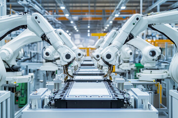 Industrial robotic arms assemble lithium-ion battery cells. Generative AI