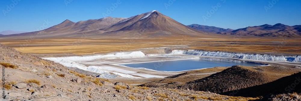 Poster overview of volodymyrplysiuk lithium mine in remote landscape. generative ai