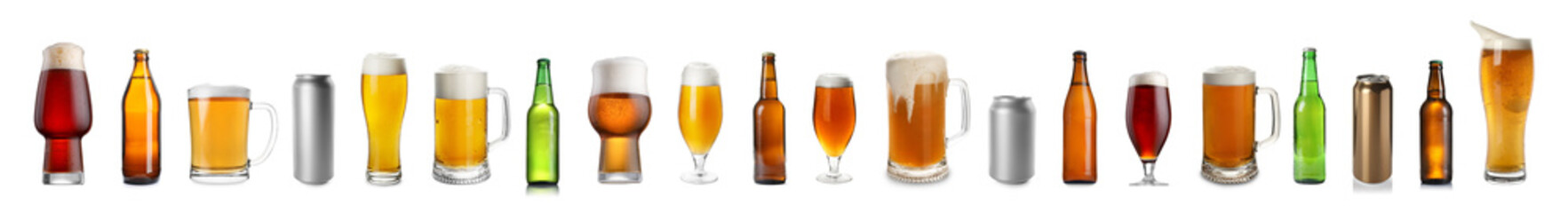 Different types of fresh beer isolated on white, set